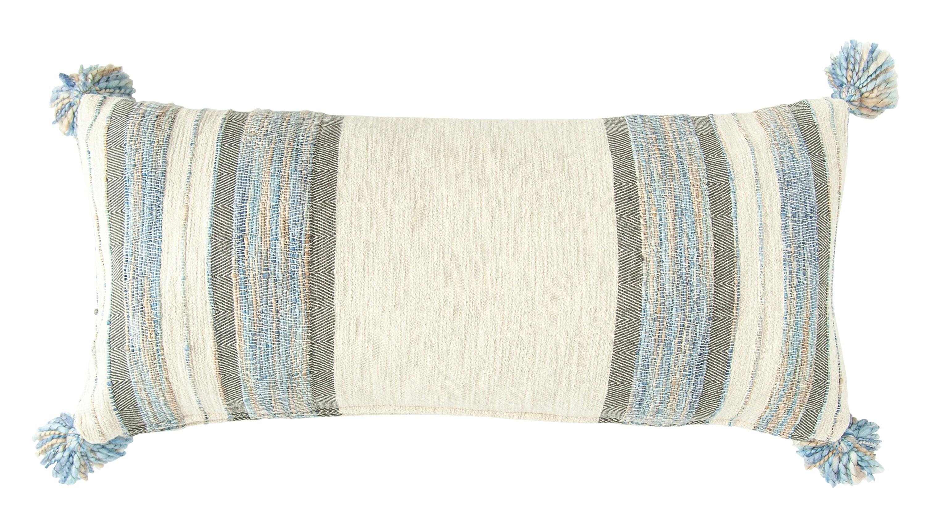 Modern Blue & Grey Striped Cotton Blend Lumbar Pillow with Tassels, 36" x 16"
