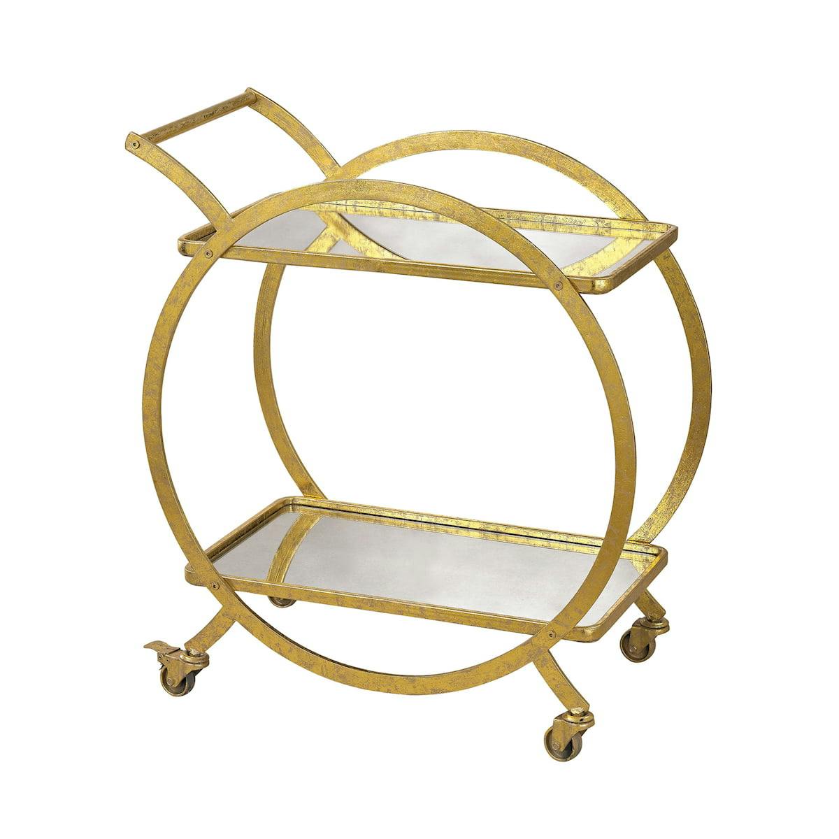 Elegant Distressed Gold Rectangular Bar Cart with Antiqued Mirror Shelves