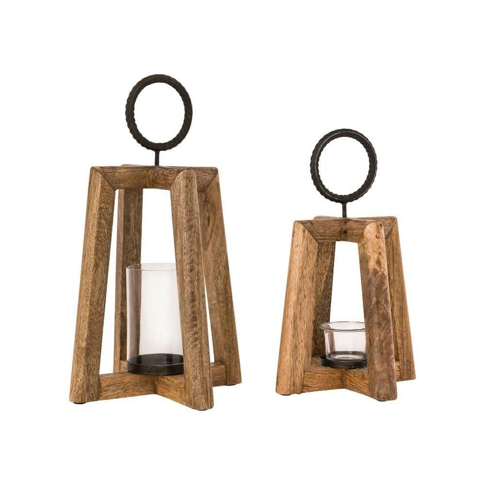 Carmel Natural Wood and Iron 14" Hanging Candle Lantern Set
