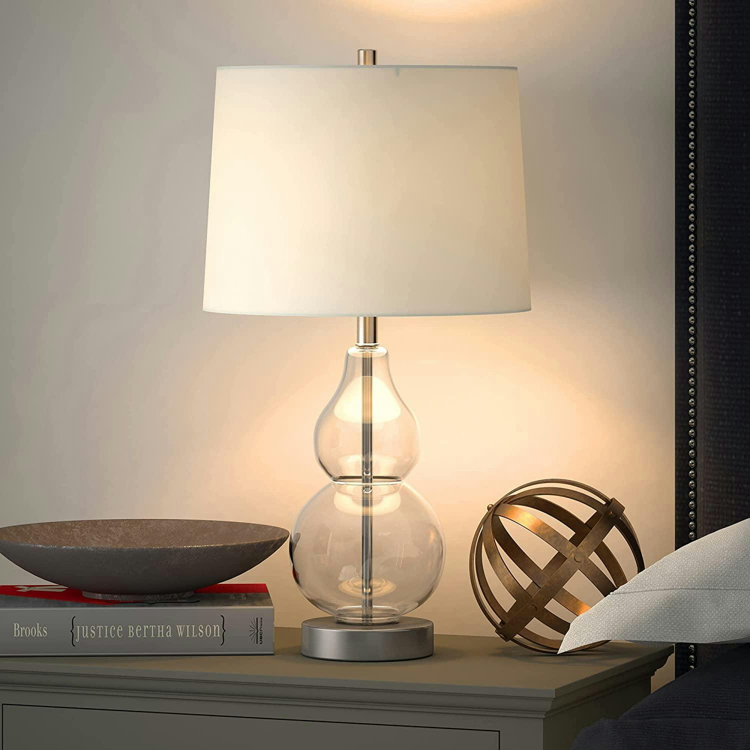 Katrina Petite Clear Glass Table Lamp with White Linen Shade