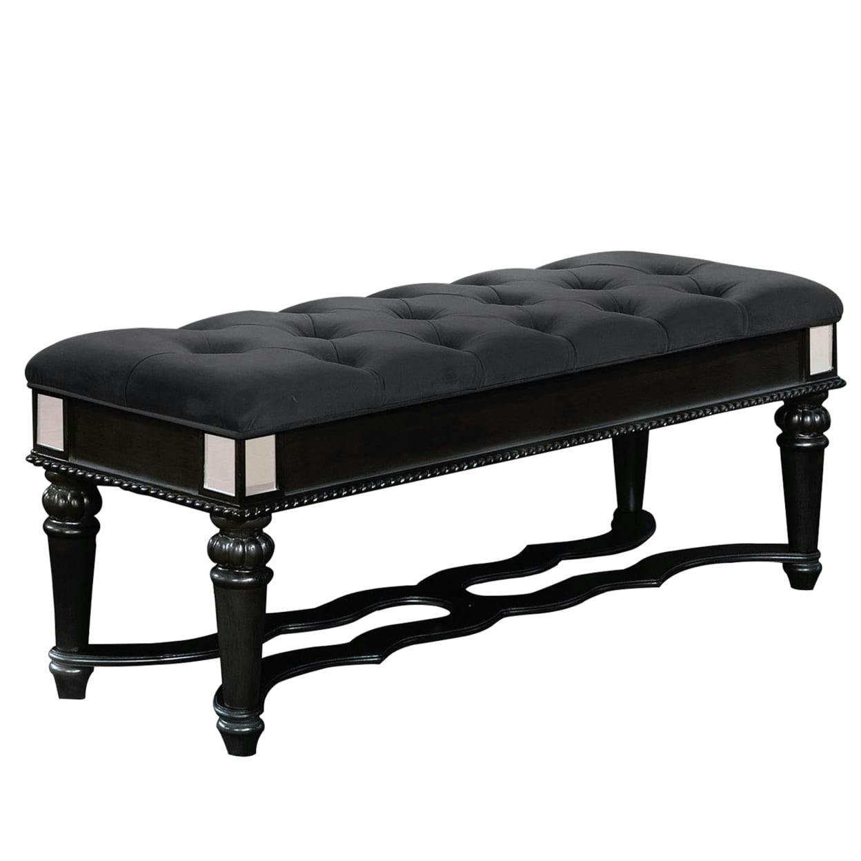 Elegant Black Fabric Padded Bench with Mirror Accents and Turned Legs