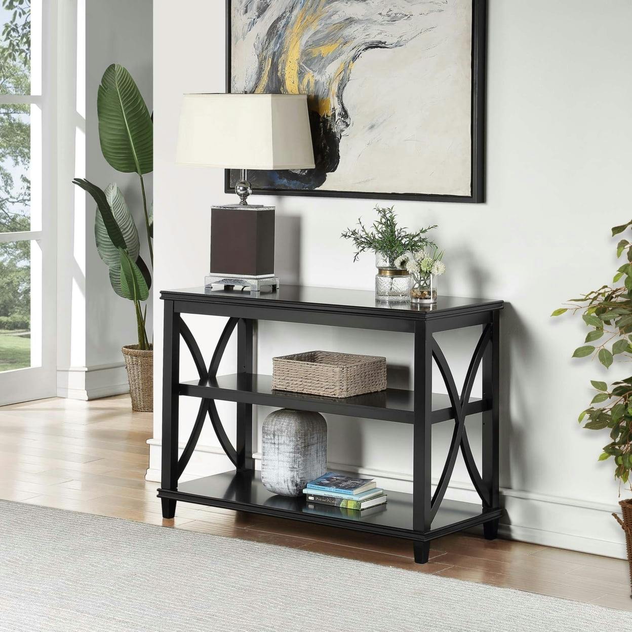 Florence Black Rubberwood Console Table with Oak Veneer and Storage