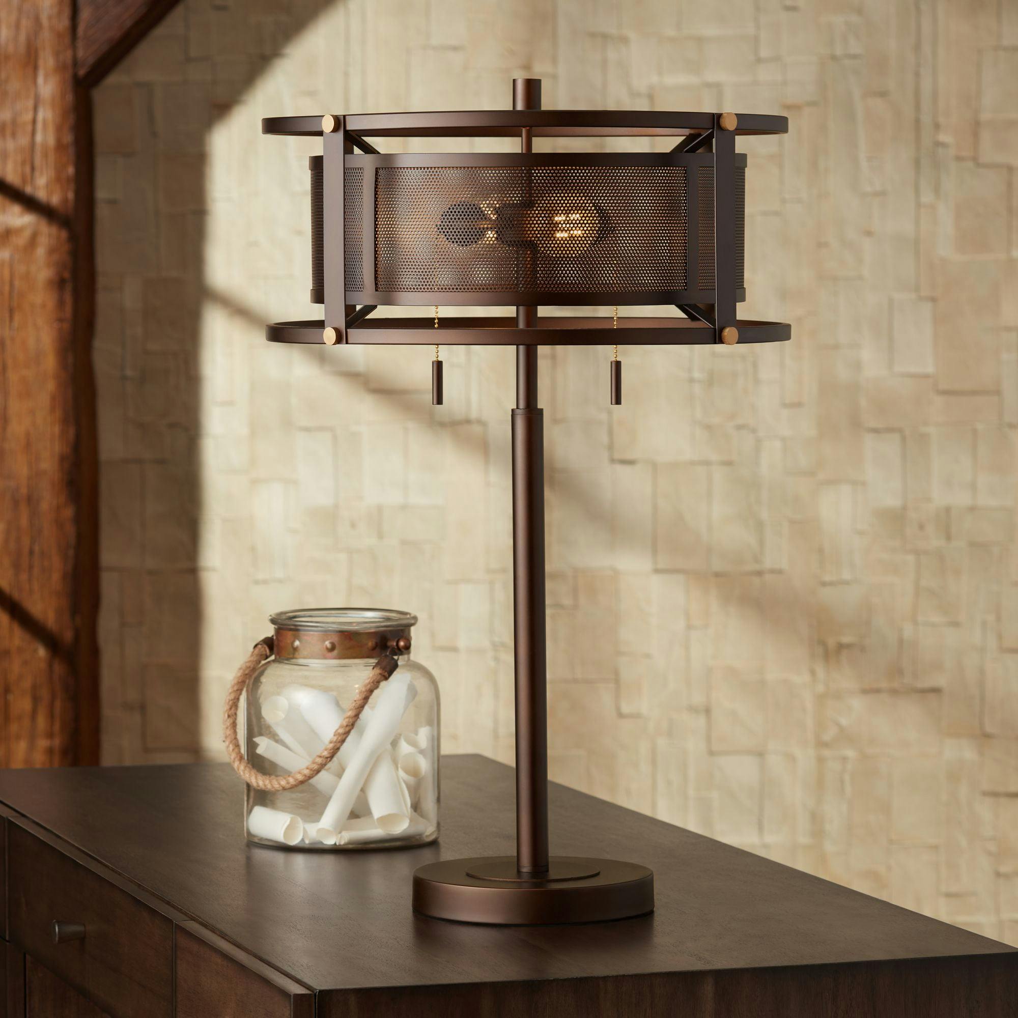 Edison Bronze Industrial Rustic Table Lamp with Metal Mesh Drum Shade
