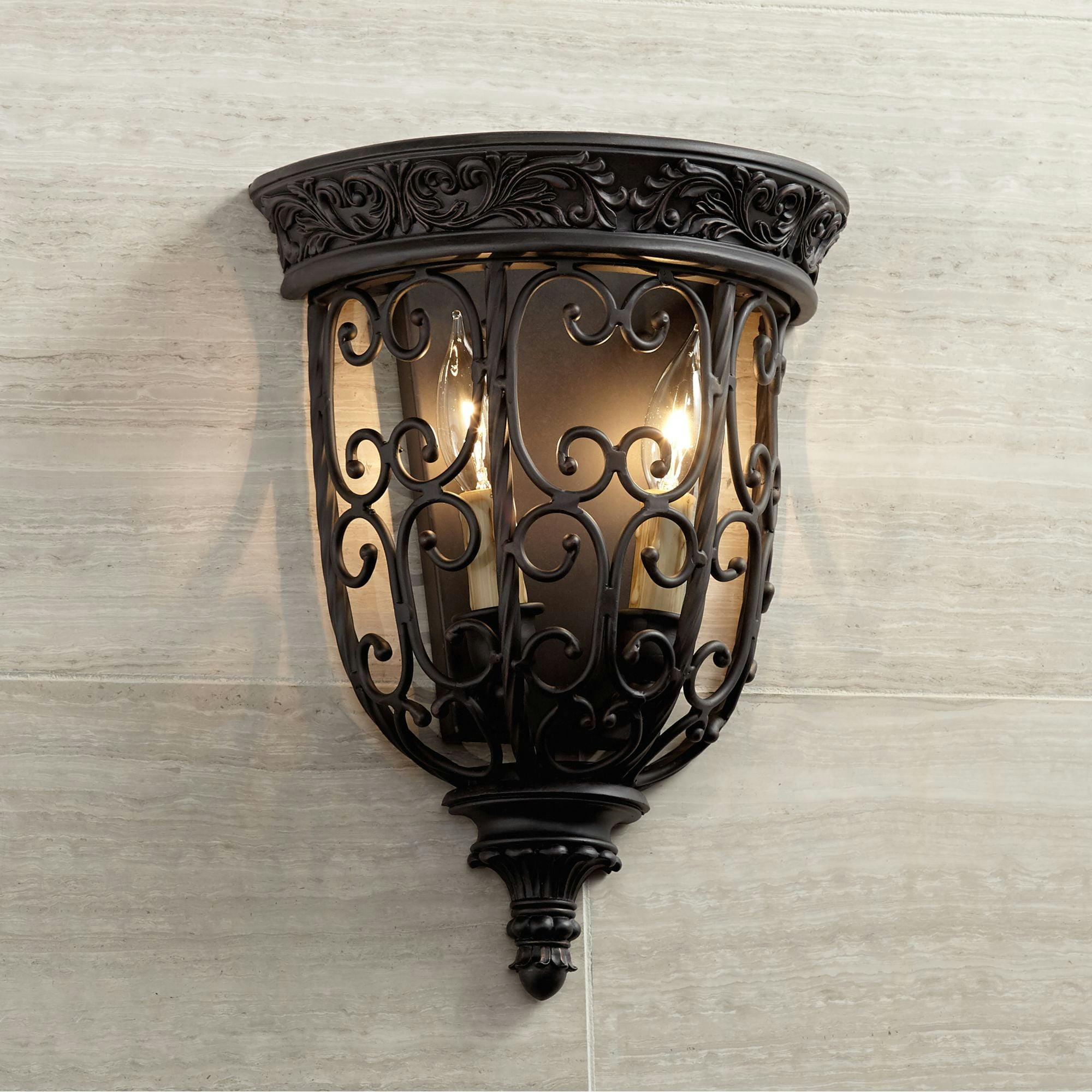 Elegant Scroll Dual-Light Wall Sconce in Rubbed Bronze