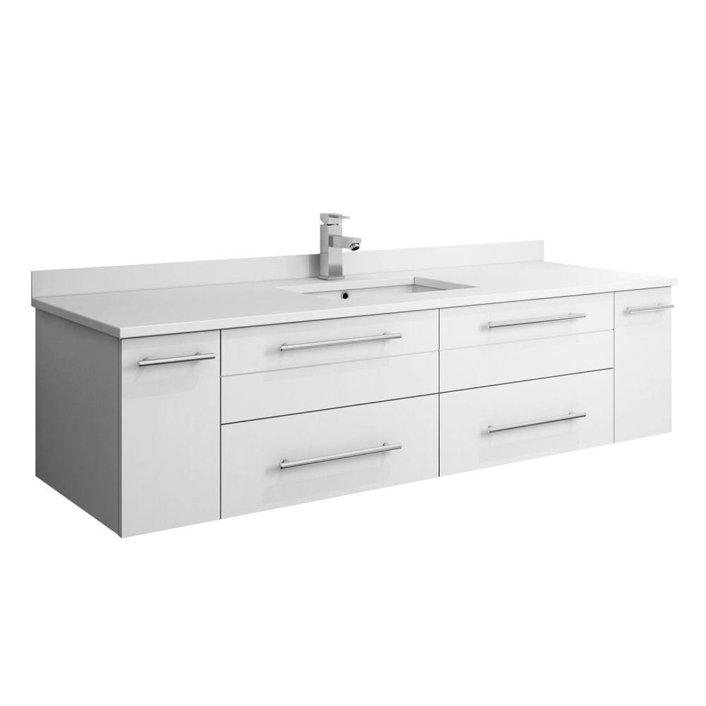 Sleek 60" White Quartz Top Modern Wall-Mounted Vanity with Ceramic Sink