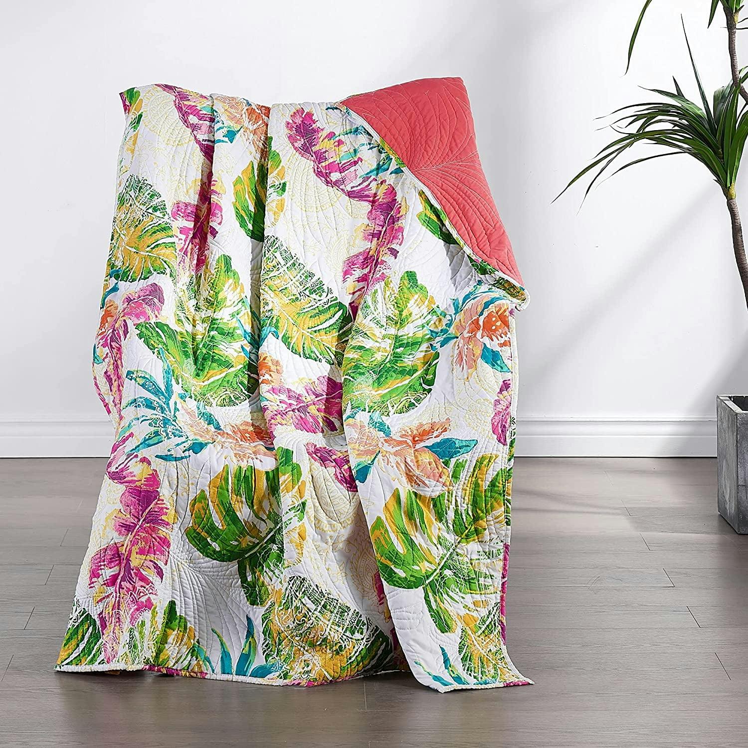 Tropical Oasis Reversible Quilted Throw - Coral & Jungle Green, 60"x50"