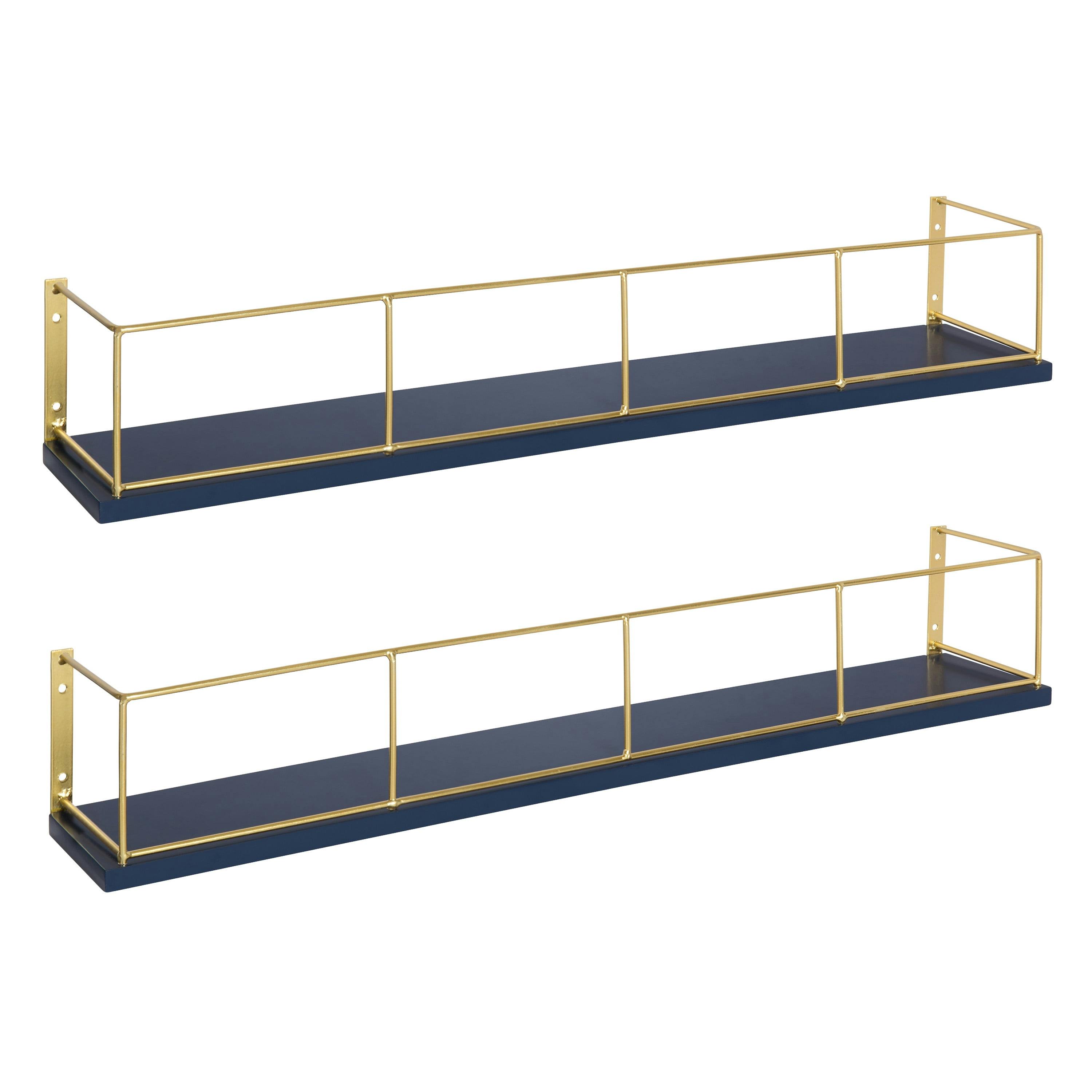Navy Blue and Gold Chic 24" Wood and Metal Floating Wall Shelf Set