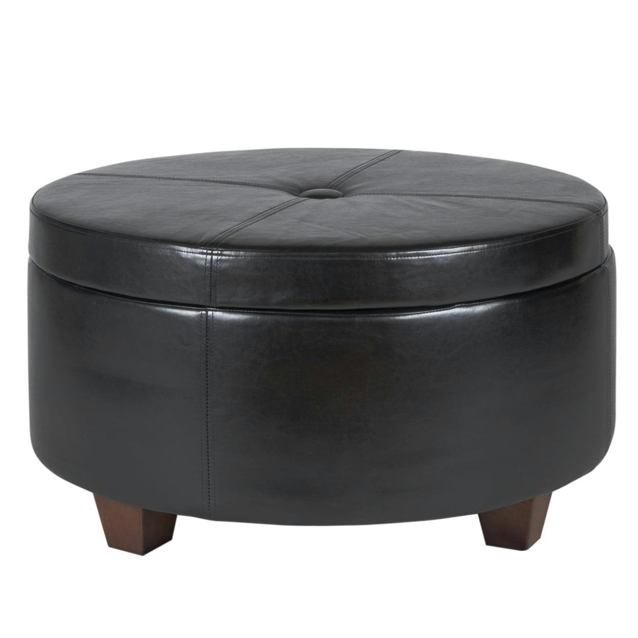 Winston Large Round Tufted Storage Ottoman in Faux Leather Black