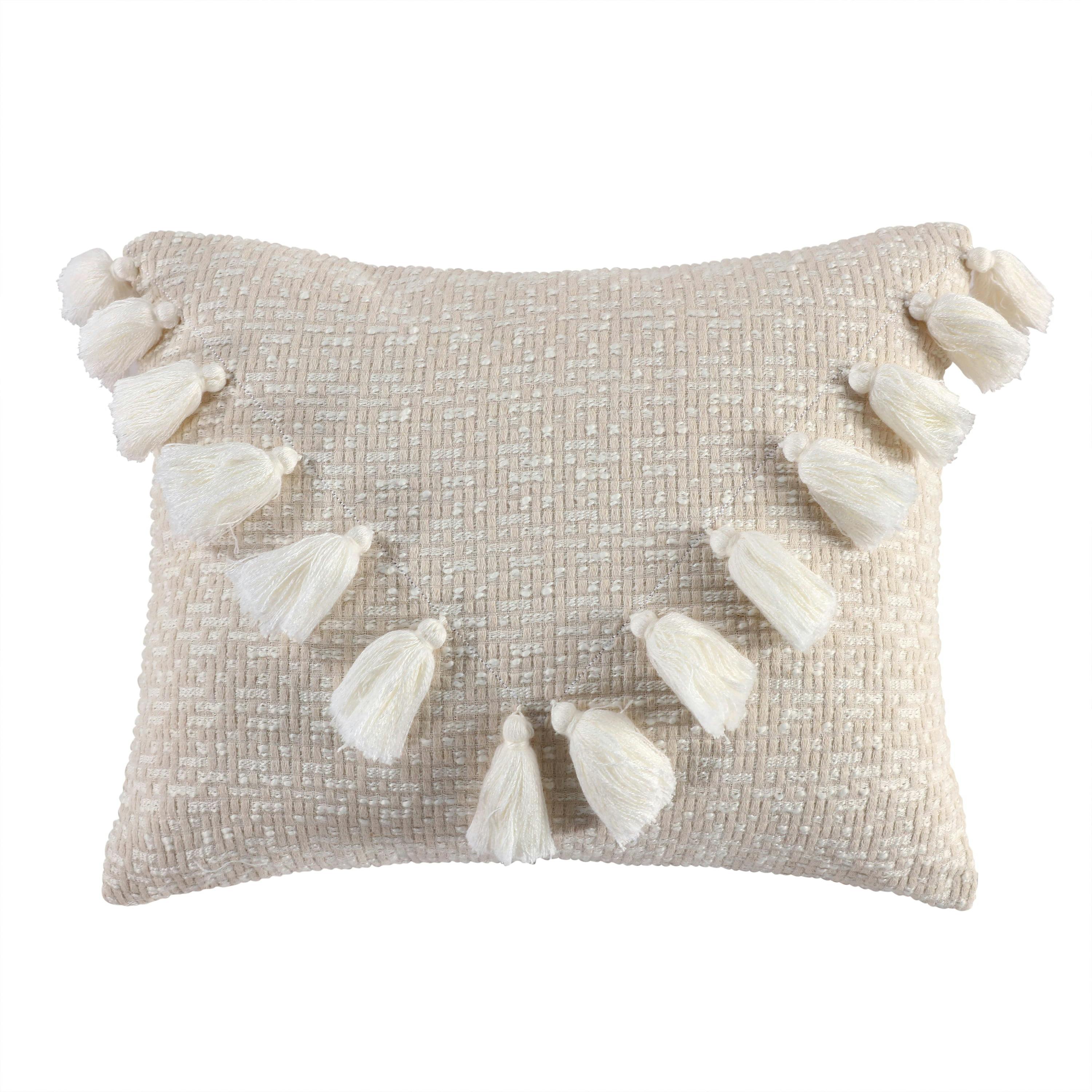 Taupe Cream Embroidered Tassel Decorative Pillow 14x18