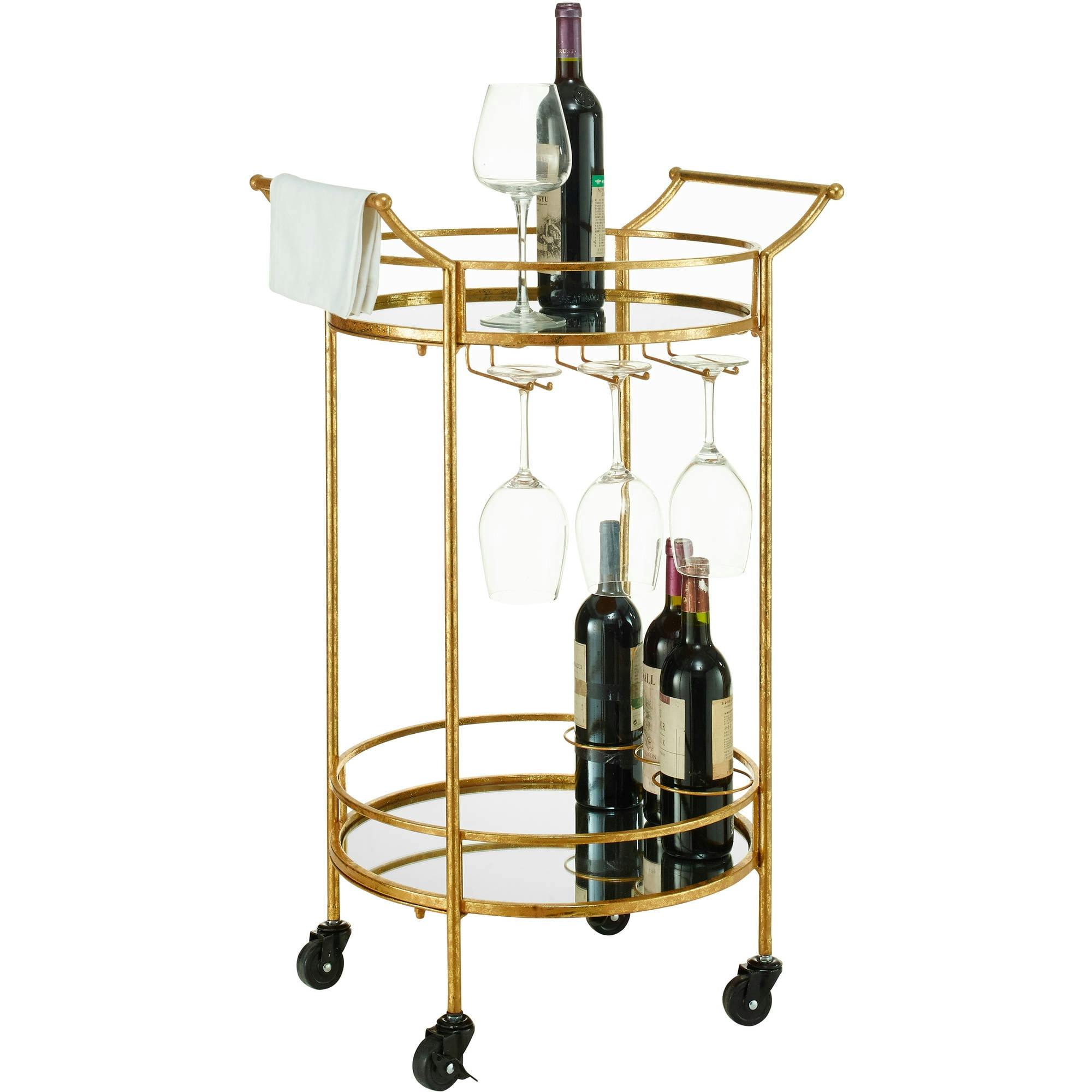 Transitional Round Gold Metal Bar Cart with Mirrored Shelves and Wine Storage