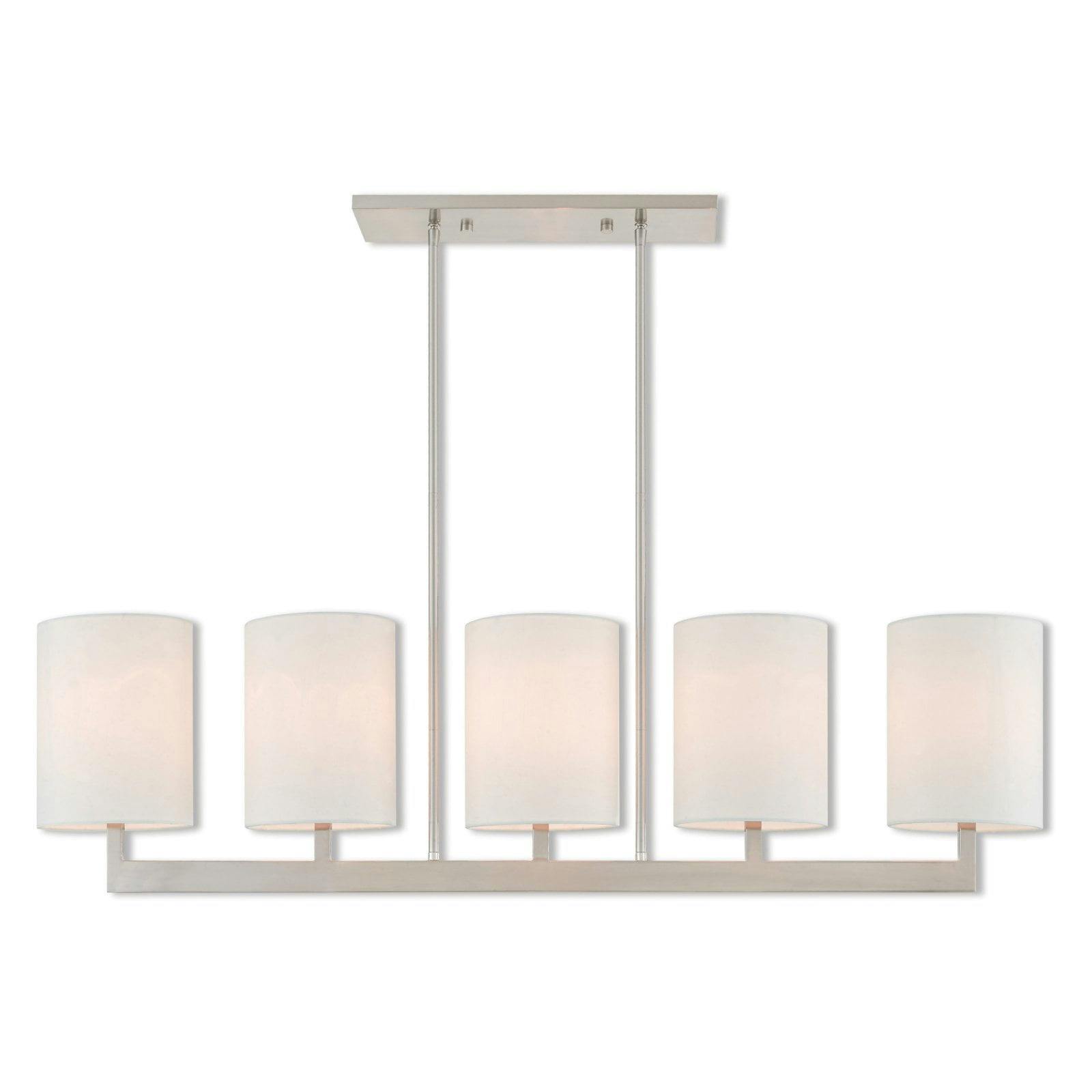Contemporary Brushed Nickel 5-Light Linear Chandelier with Off-White Shades