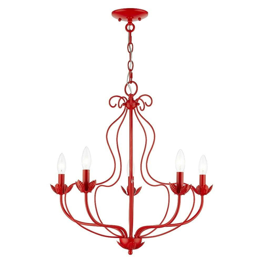 Katarina Mini 5-Light Floral Brass Chandelier in Shiny Red