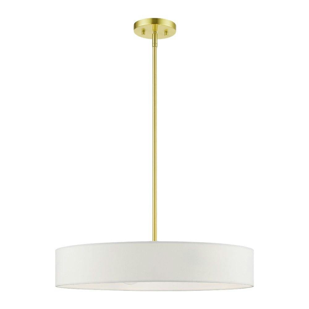 Satin Brass 22" Drum Pendant with Off-White Fabric Shade
