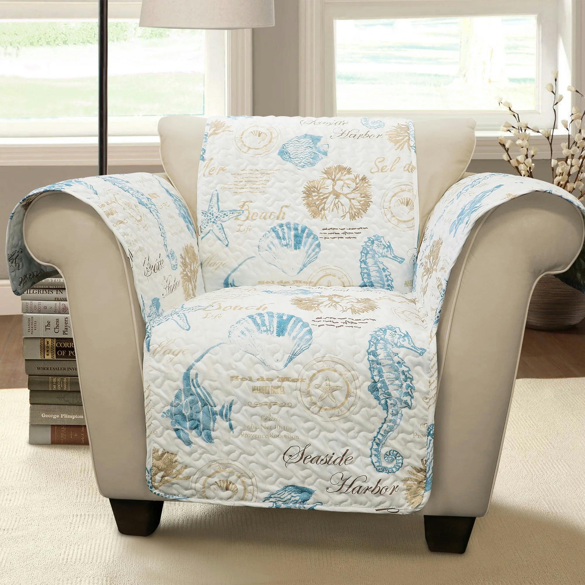 Coastal Charm Blue and Taupe Quilted Armchair Protector