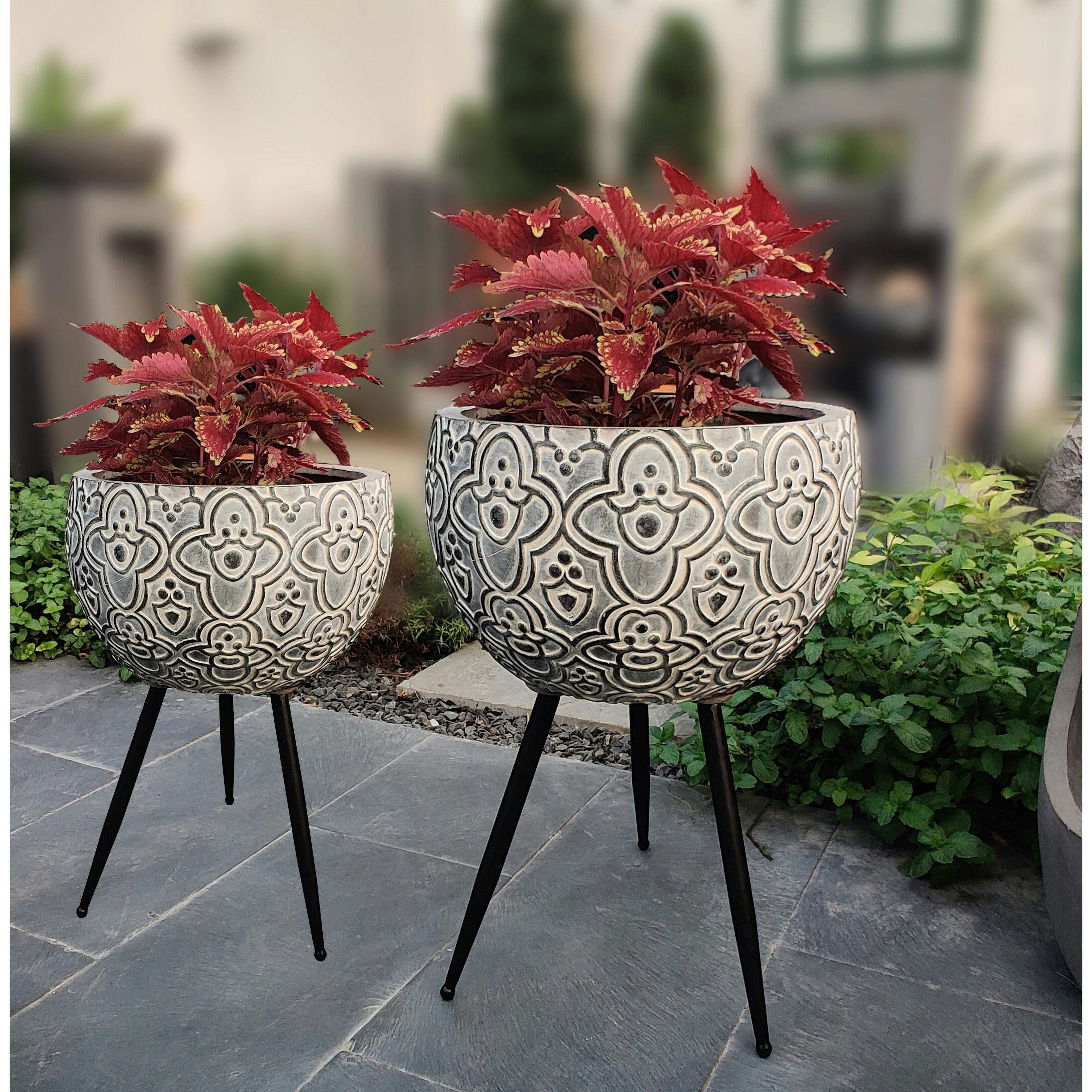 Elevated Floral Light Grey MgO Planter Set with Metal Legs
