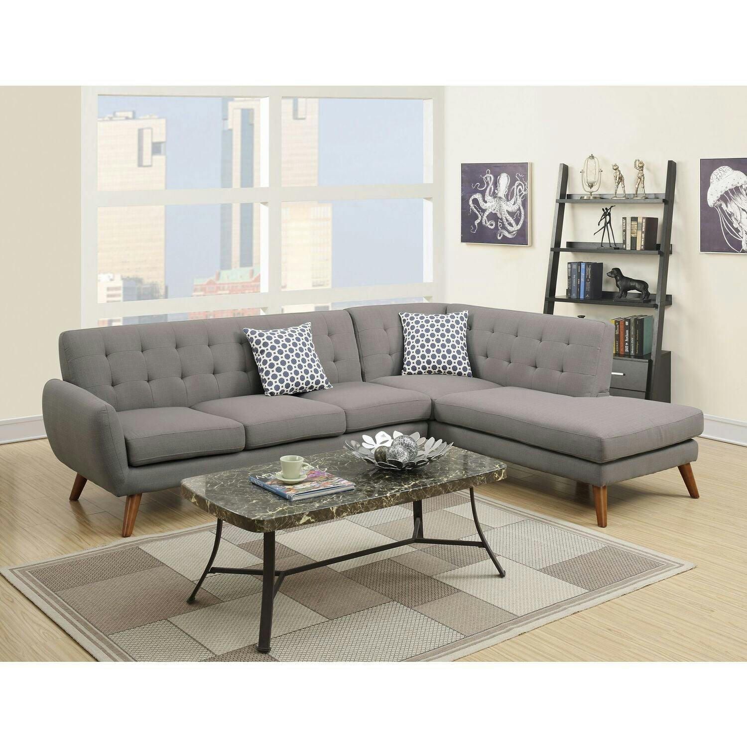 Mid-Century Modern Gray Fabric Sectional Sofa Set with Tufted Back