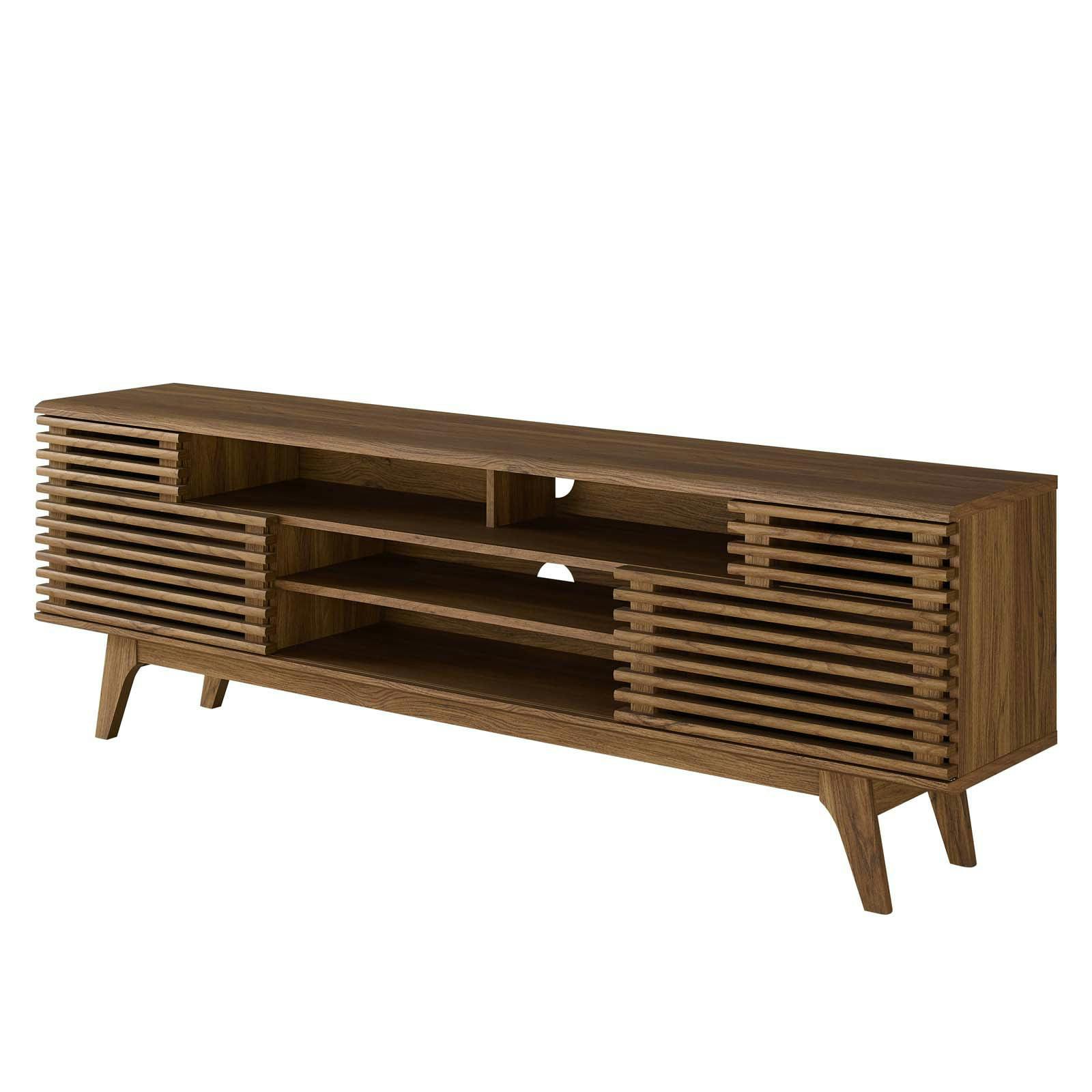 Mid-Century Walnut Media Console with Sliding Doors and Cable Management