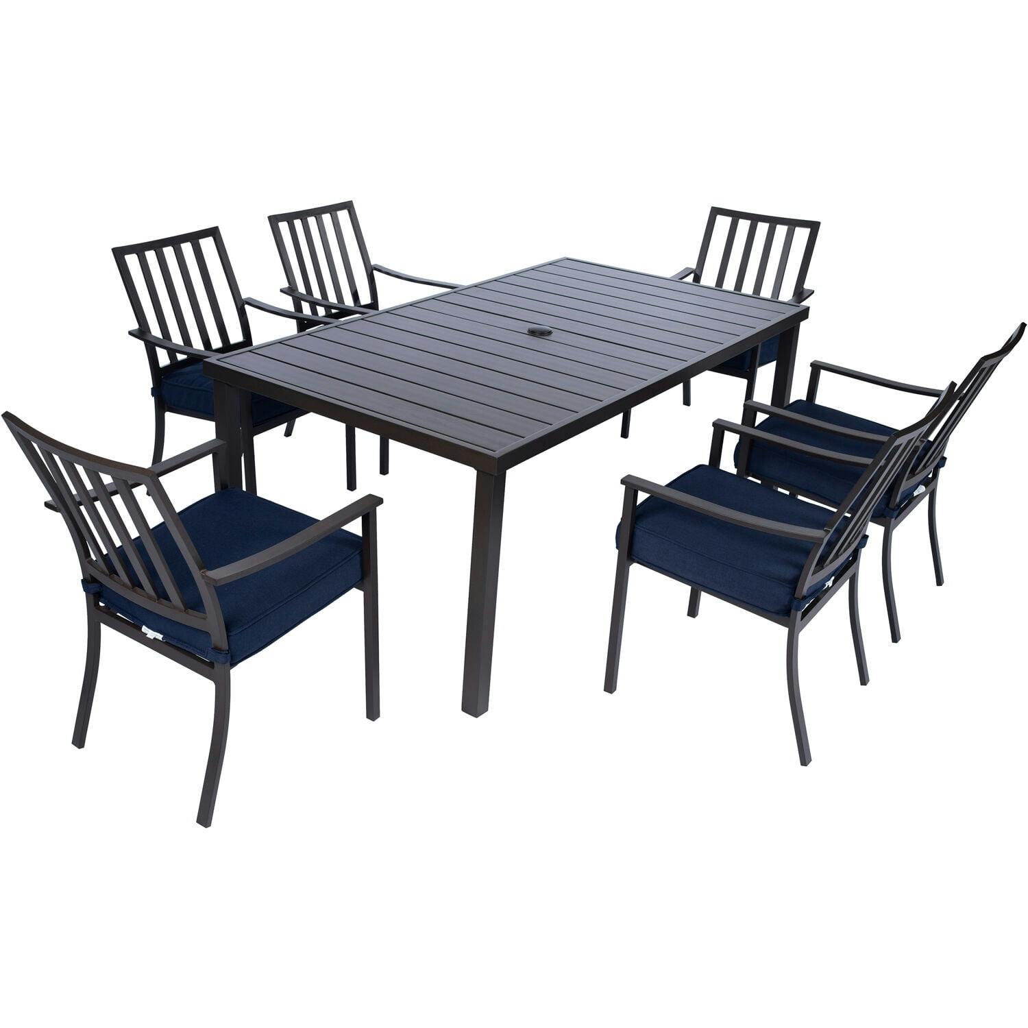 Carter 7-Piece Navy Blue Outdoor Dining Set with Padded Aluminum Chairs