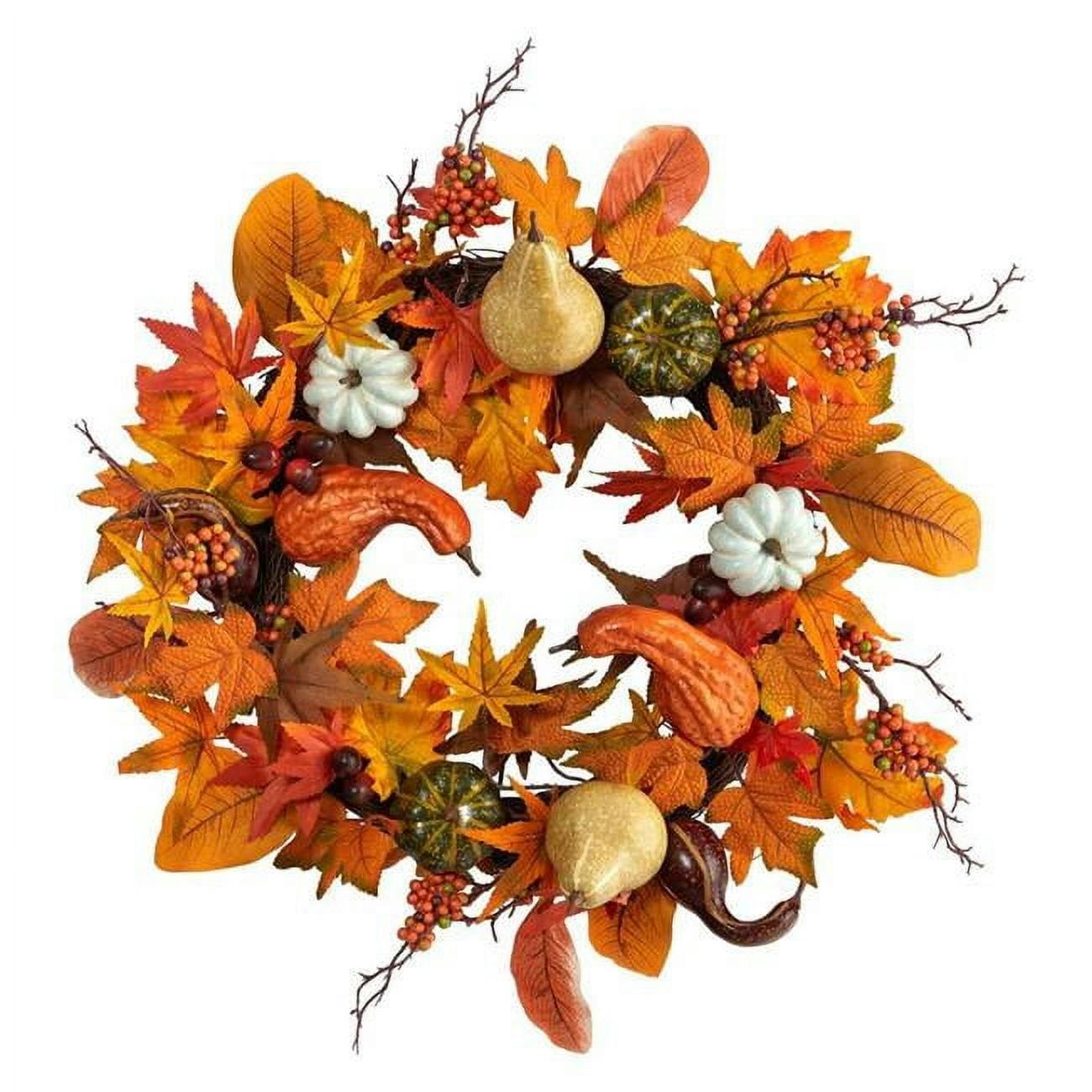 Eternal Autumn 24" Artificial Maple and Gourd Wreath with Berries