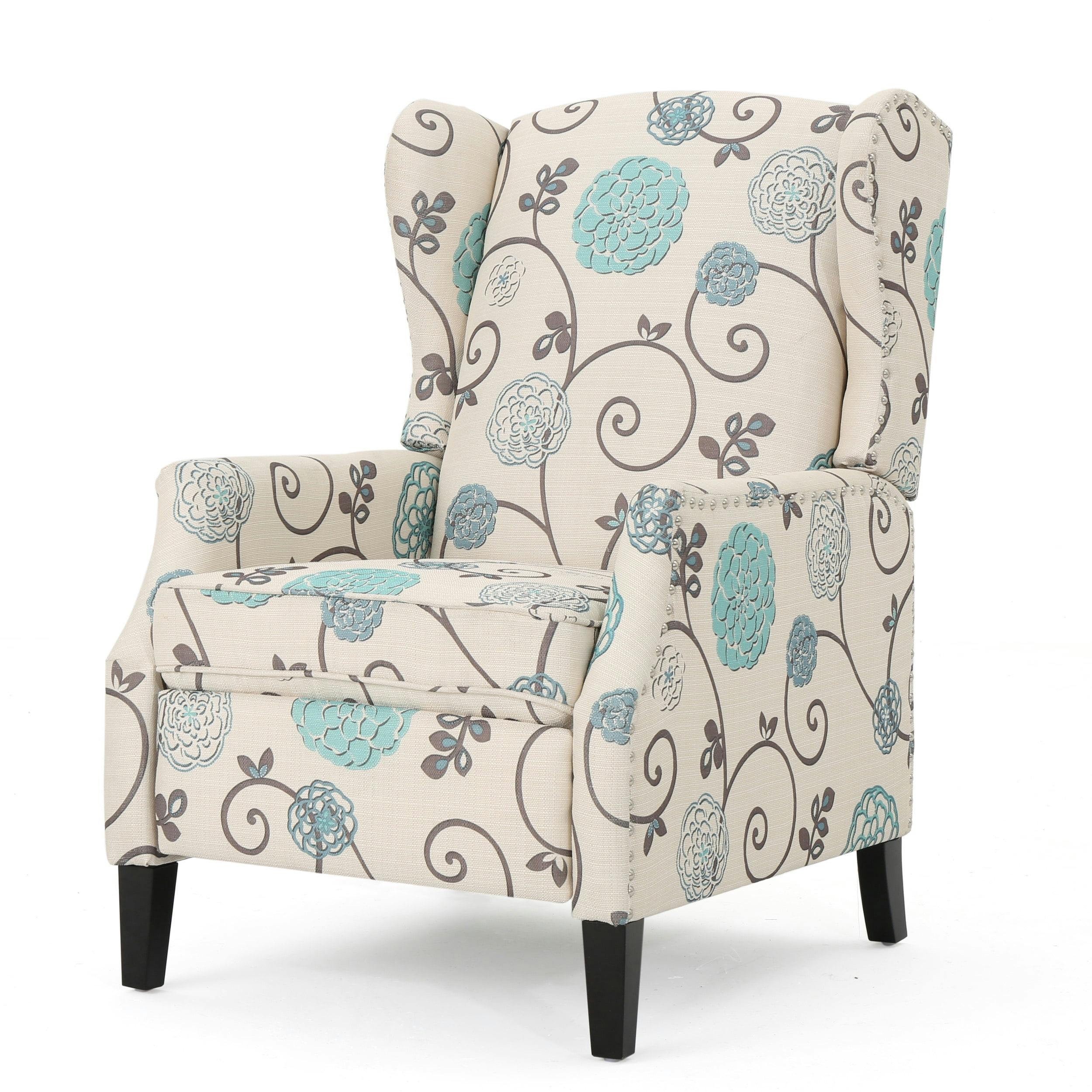 Handcrafted White Floral Polyester Recliner with Wingback Design