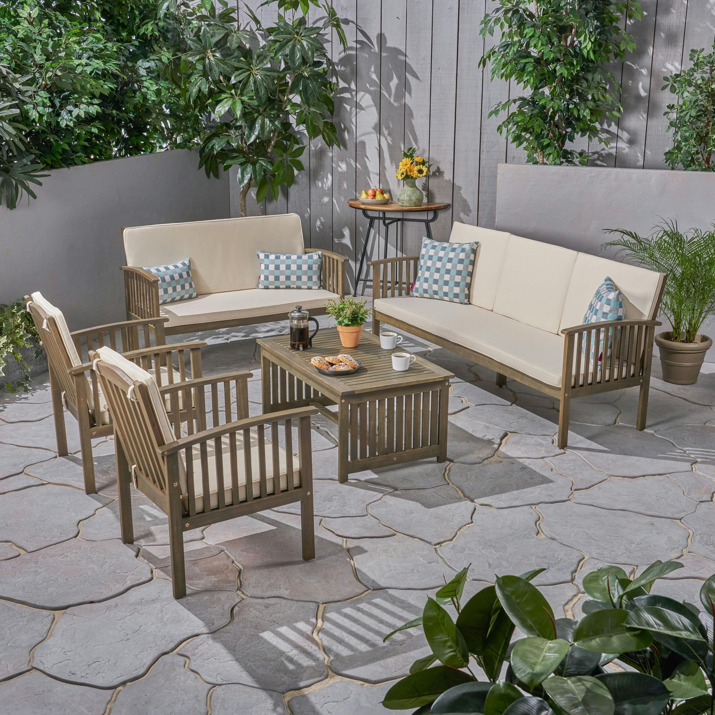 Carolina Luxe 5-Piece Gray Acacia Wood Outdoor Sectional with Cream Cushions