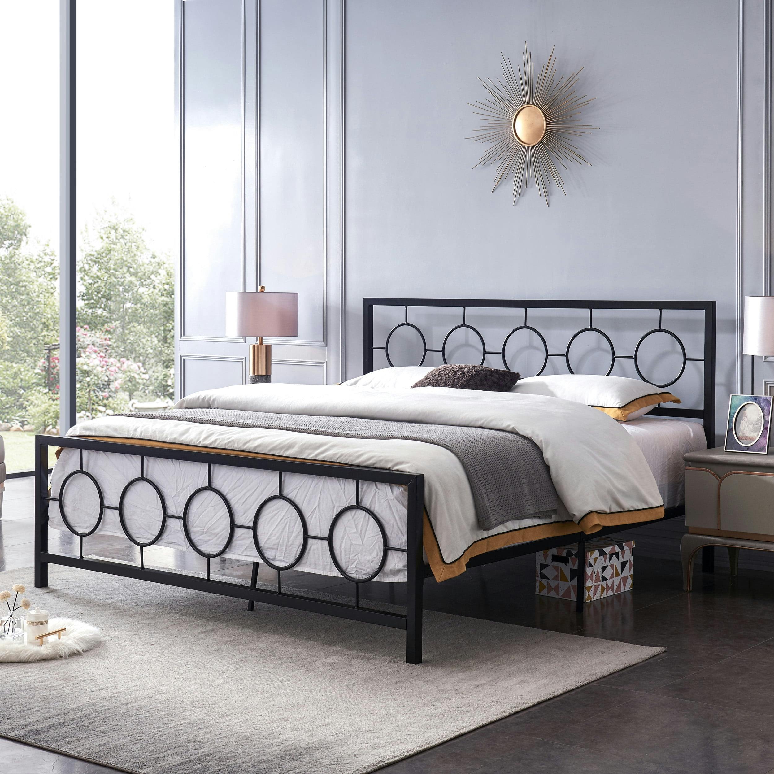 Flat Black Modern Iron King Bed Frame with Circular Pattern