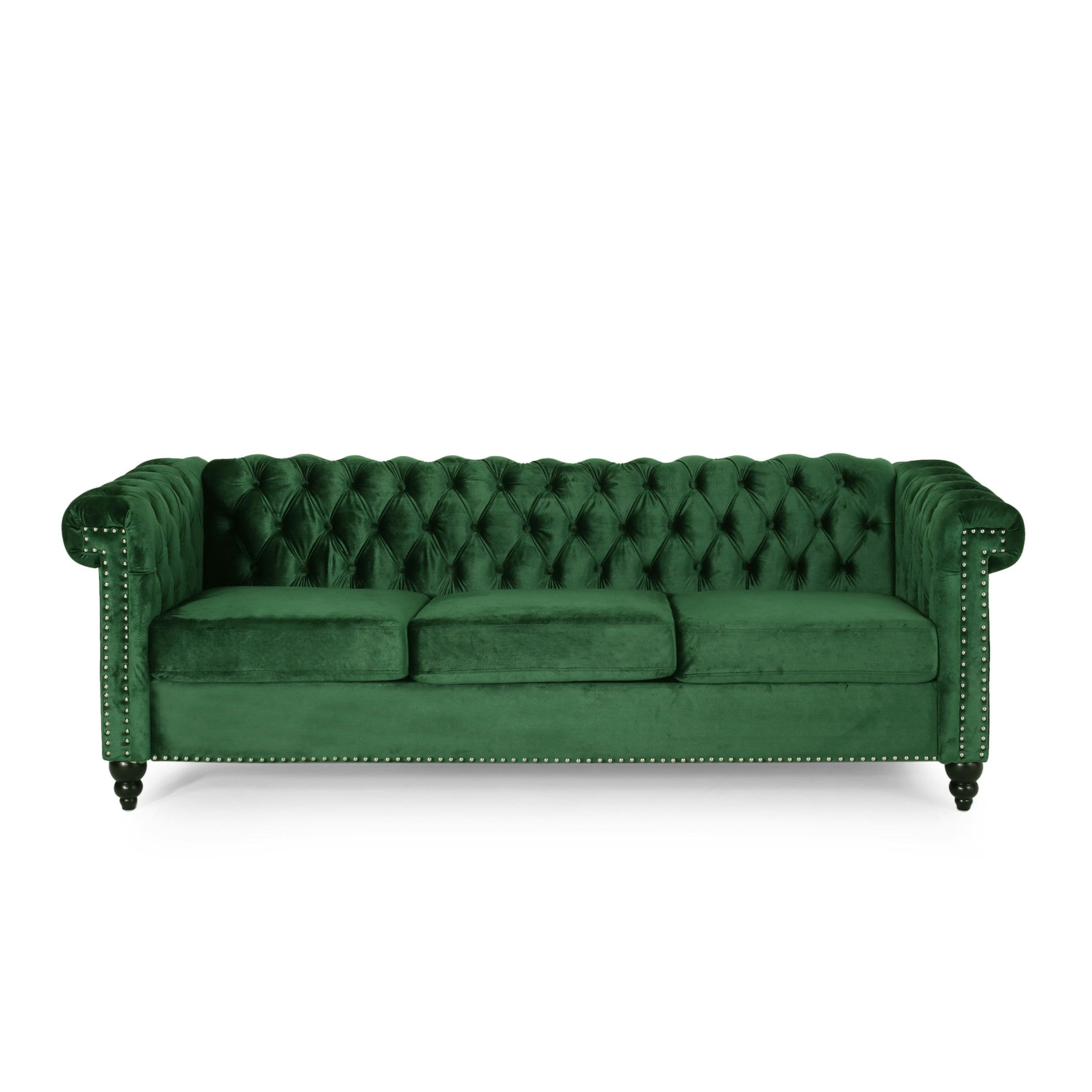 Elegant Emerald Velvet Tufted Chesterfield Sofa with Nailhead Accents