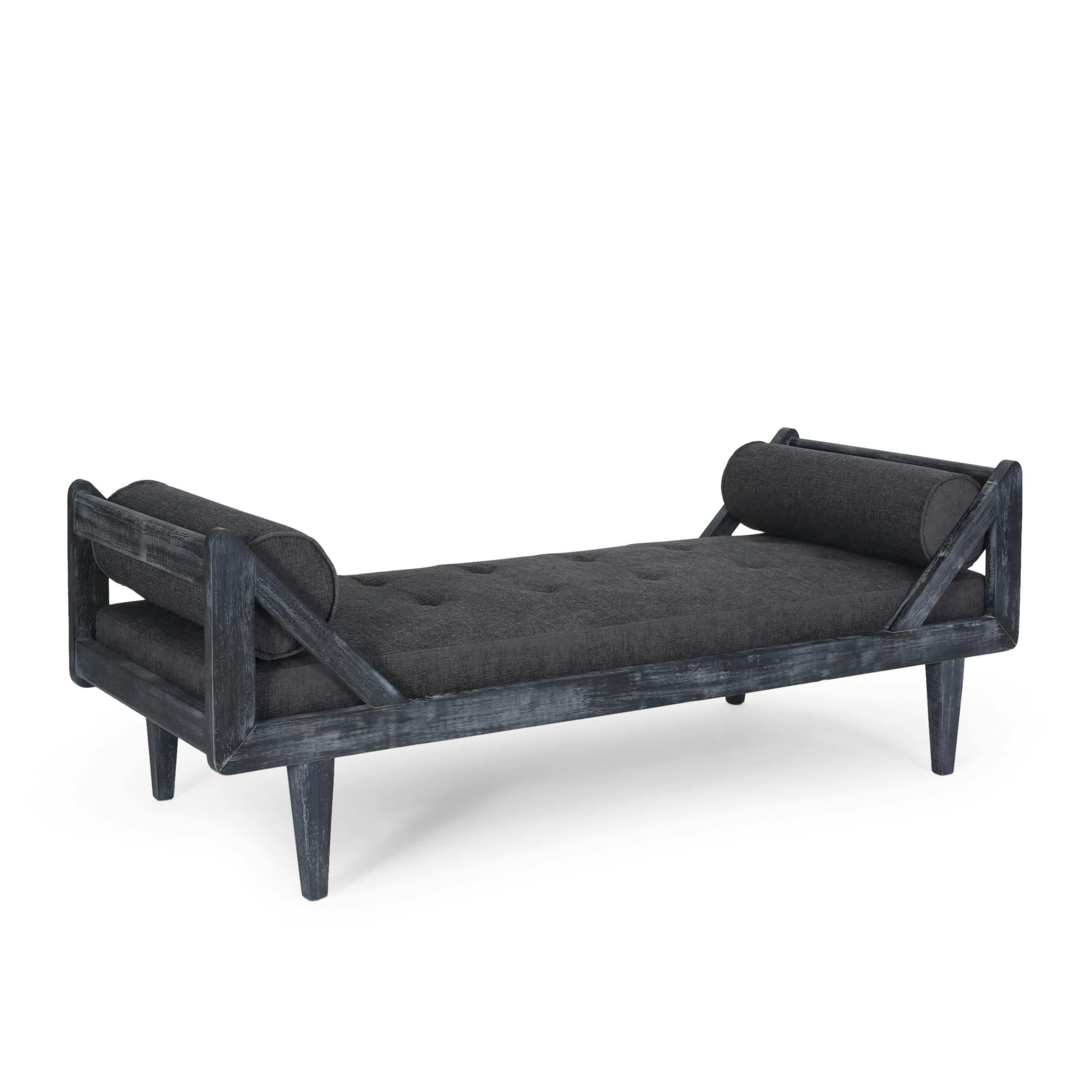 Rustic Gray Faux Leather Tufted Chaise Lounge with Weathered Wood