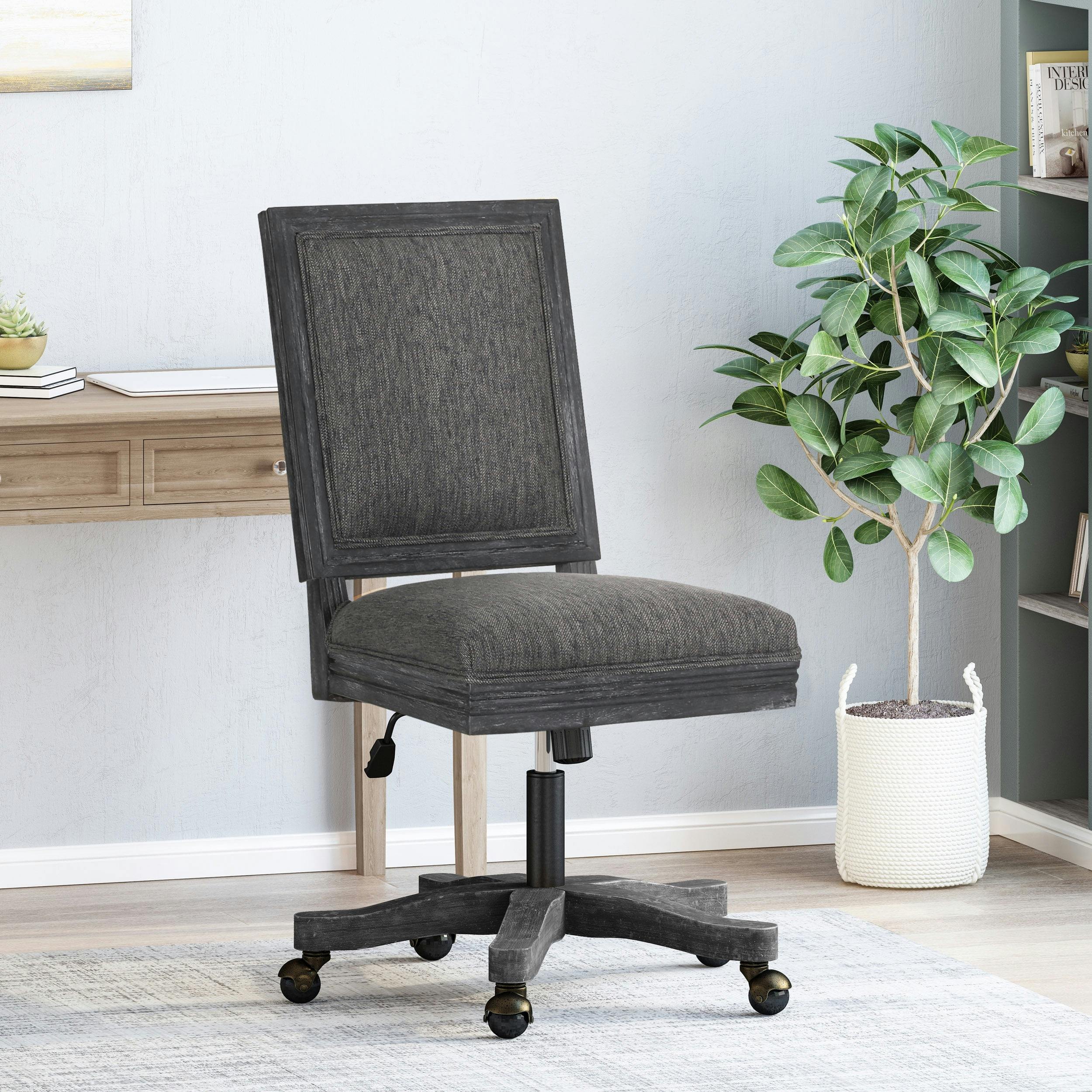 Rustic Gray Upholstered Swivel Office Chair with Distressed Wood Frame
