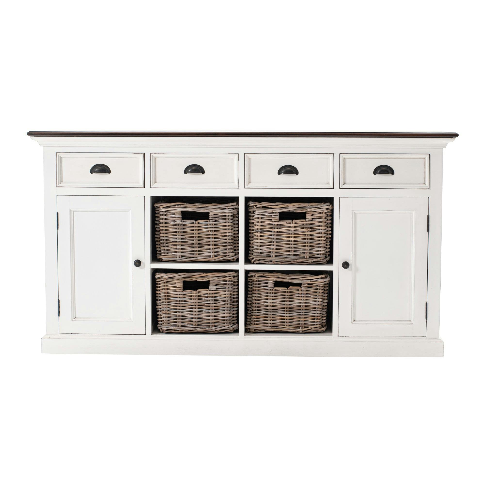 Halifax Solid Mahogany Wood Buffet in White with Hand-Woven Rattan Baskets