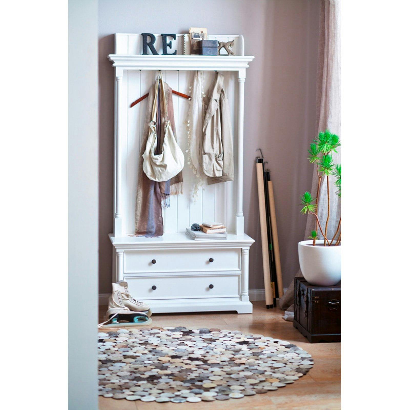 Provence White Mahogany Hall Tree with Antique Brass Hooks and Storage