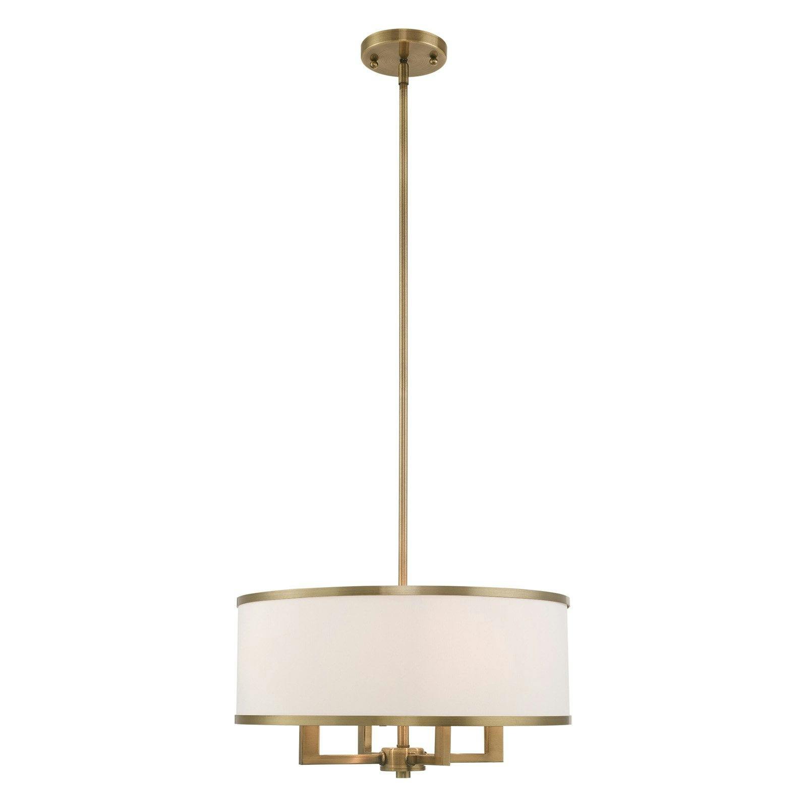 Mini Drum 4-Light Chandelier in Antique Brass with Off-White Shade