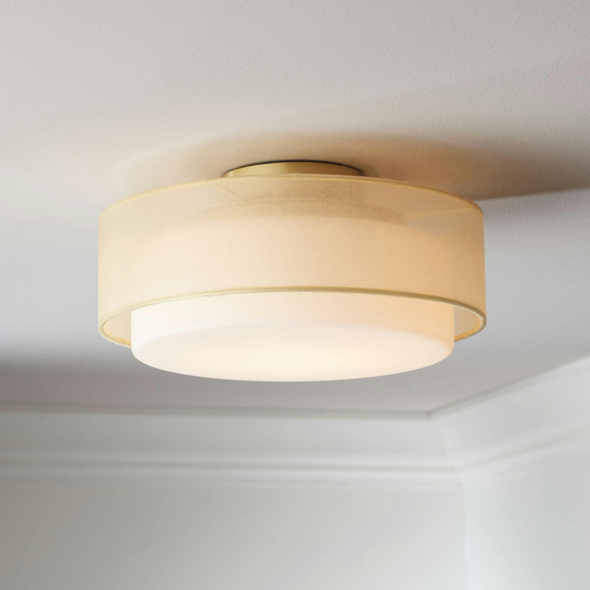 Elegant Gold Plated 16'' Drum Ceiling Light with Sheer Fabric & Opal Glass