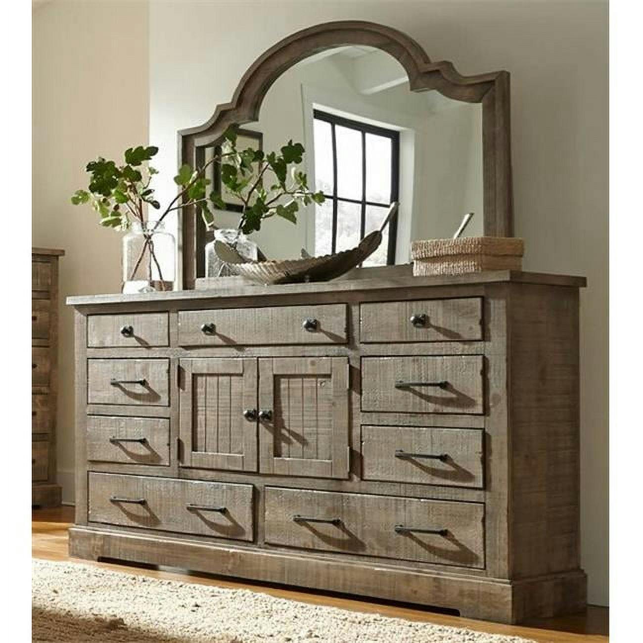 Casual Rustic Weathered Gray Salvaged Pine Dresser with Arched Mirror