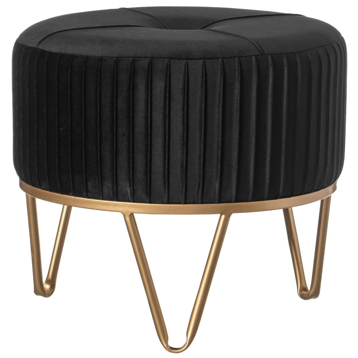 Large Round Black Velvet Ottoman with Gold Hairpin Legs