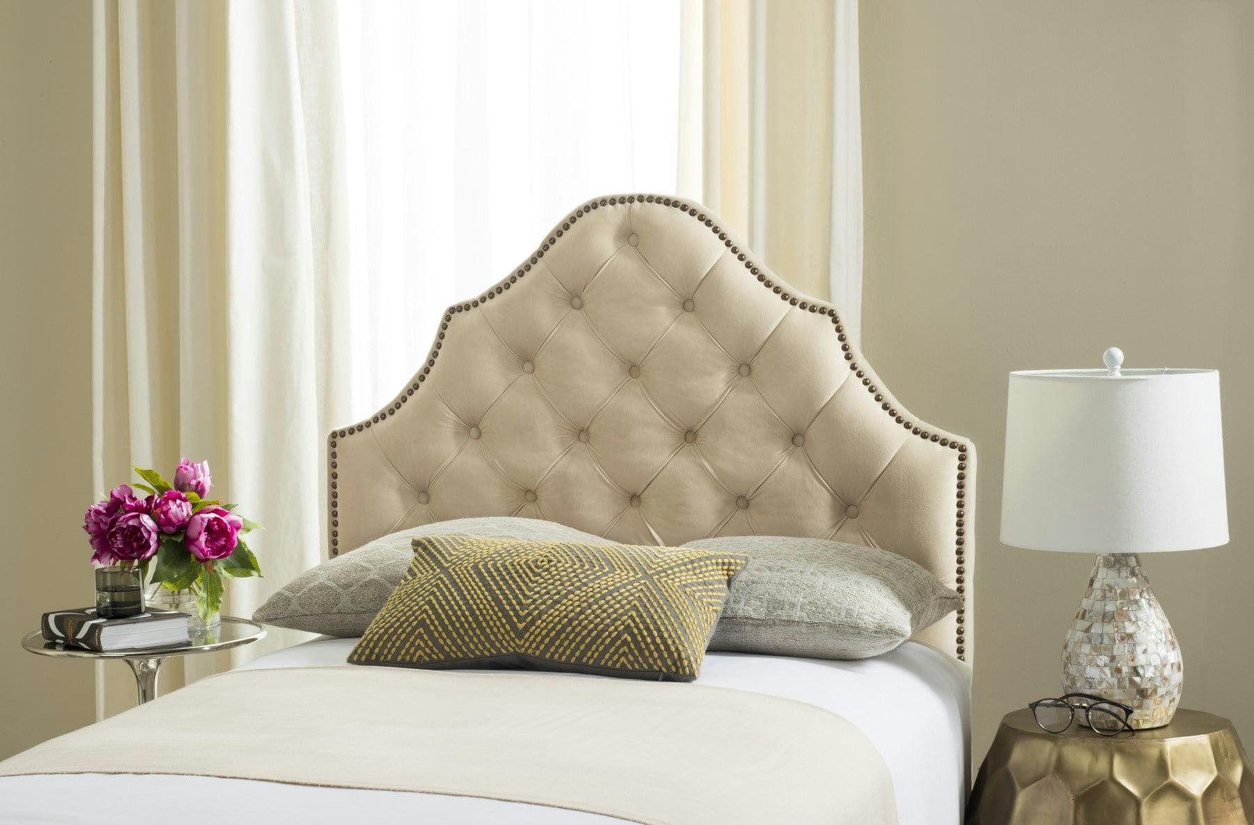 Transitional Beige Tufted Twin Headboard with Nailhead Detail