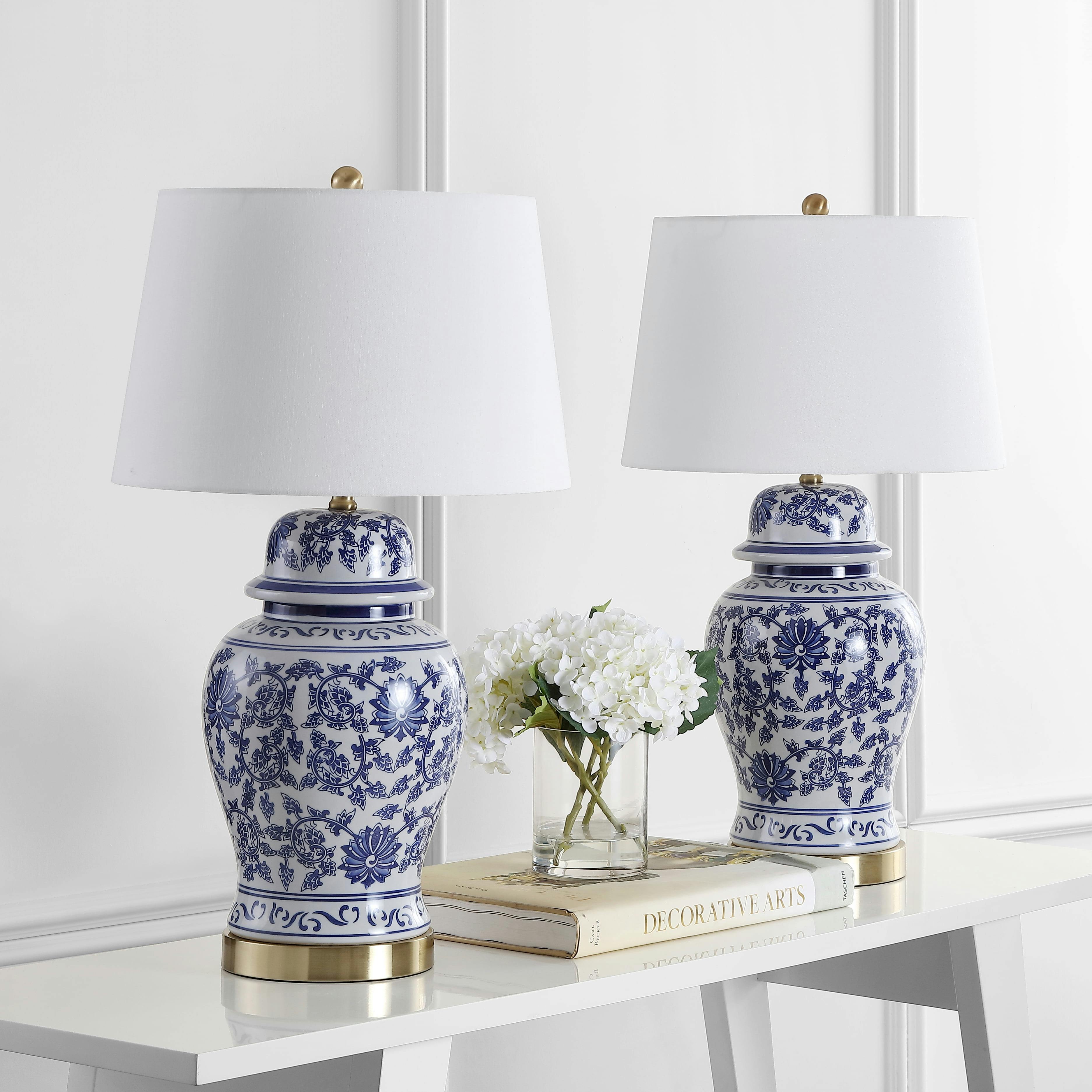 Elegant Arwen Blue and White Ceramic Table Lamp Set with Brass Accents
