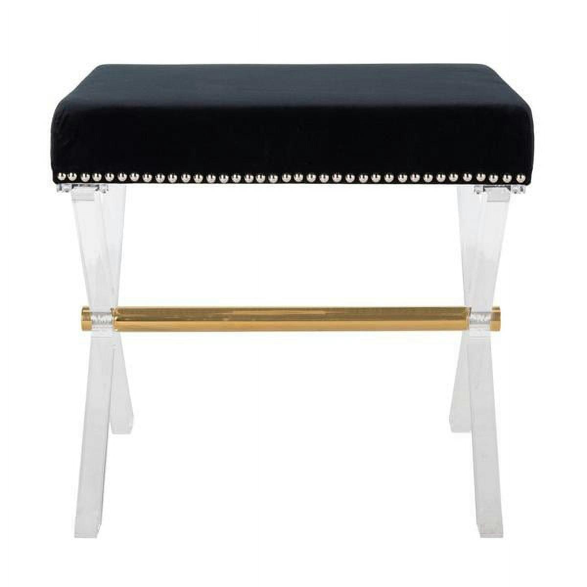 Transitional Luxe Black Velvet Acrylic X-Bench with Brass Detail