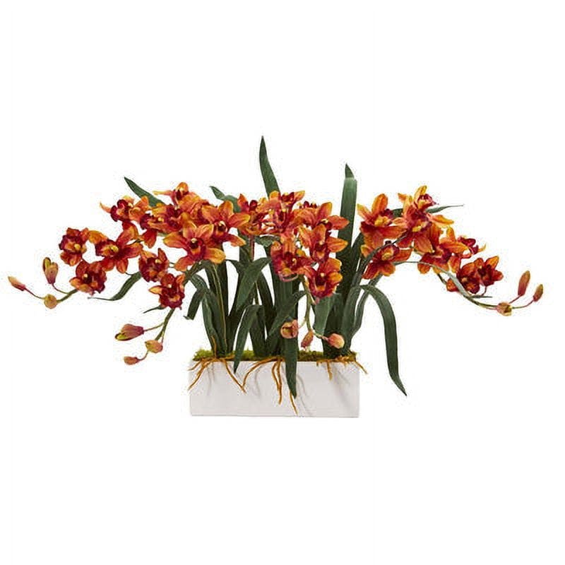 Elegant Cymbidium Orchid Faux Floral Arrangement in Rectangular White Vase