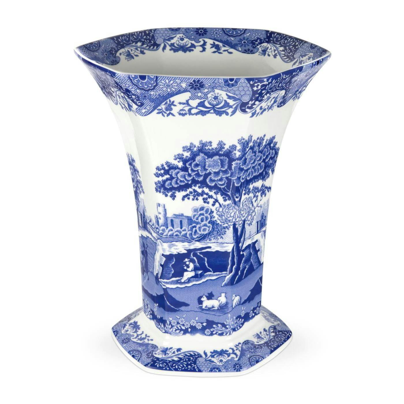 Hexagonal Blue Italian Porcelain Table Vase, 10" Geometric Design