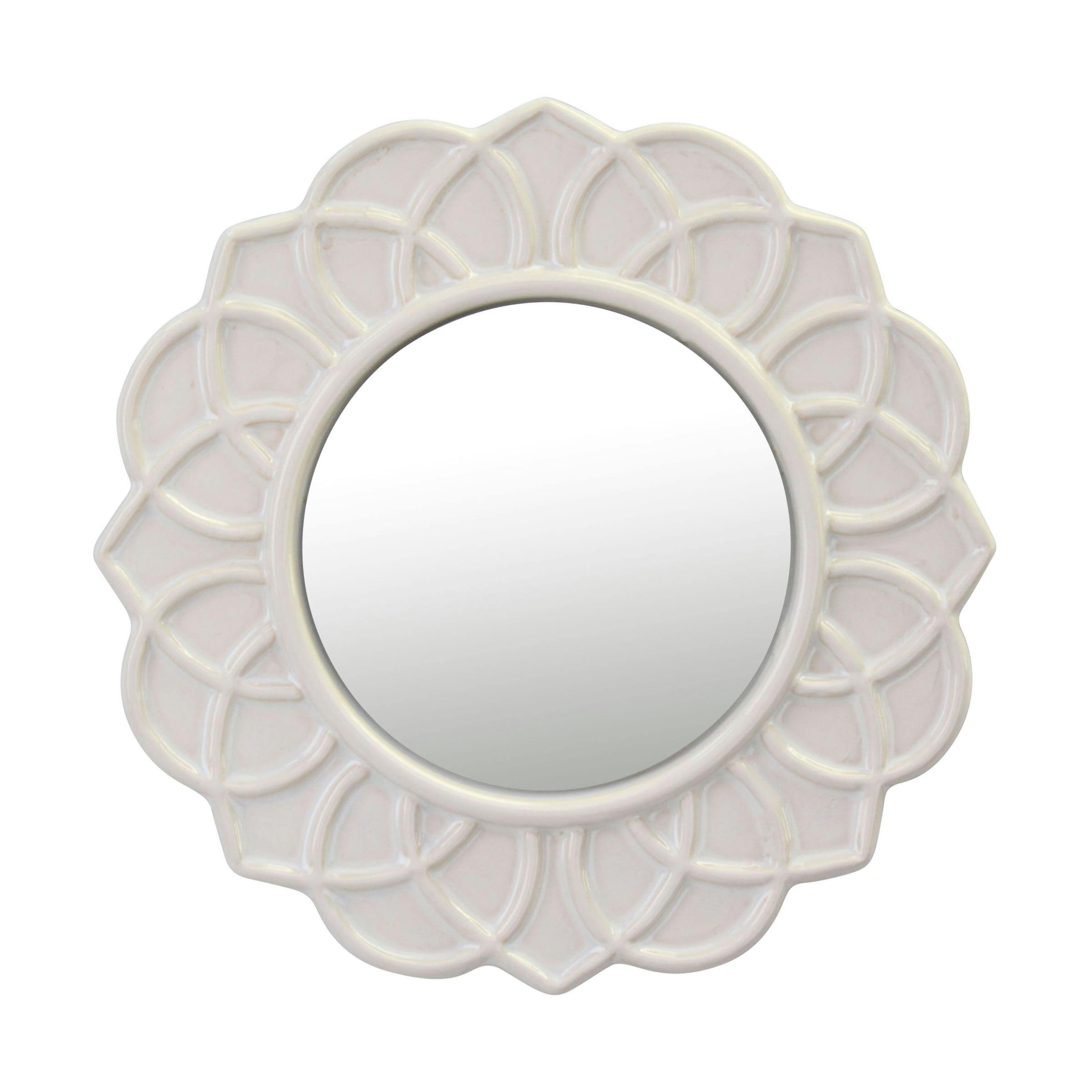 Elegant Antique Ivory Floral Ceramic Round Wall Mirror 9"