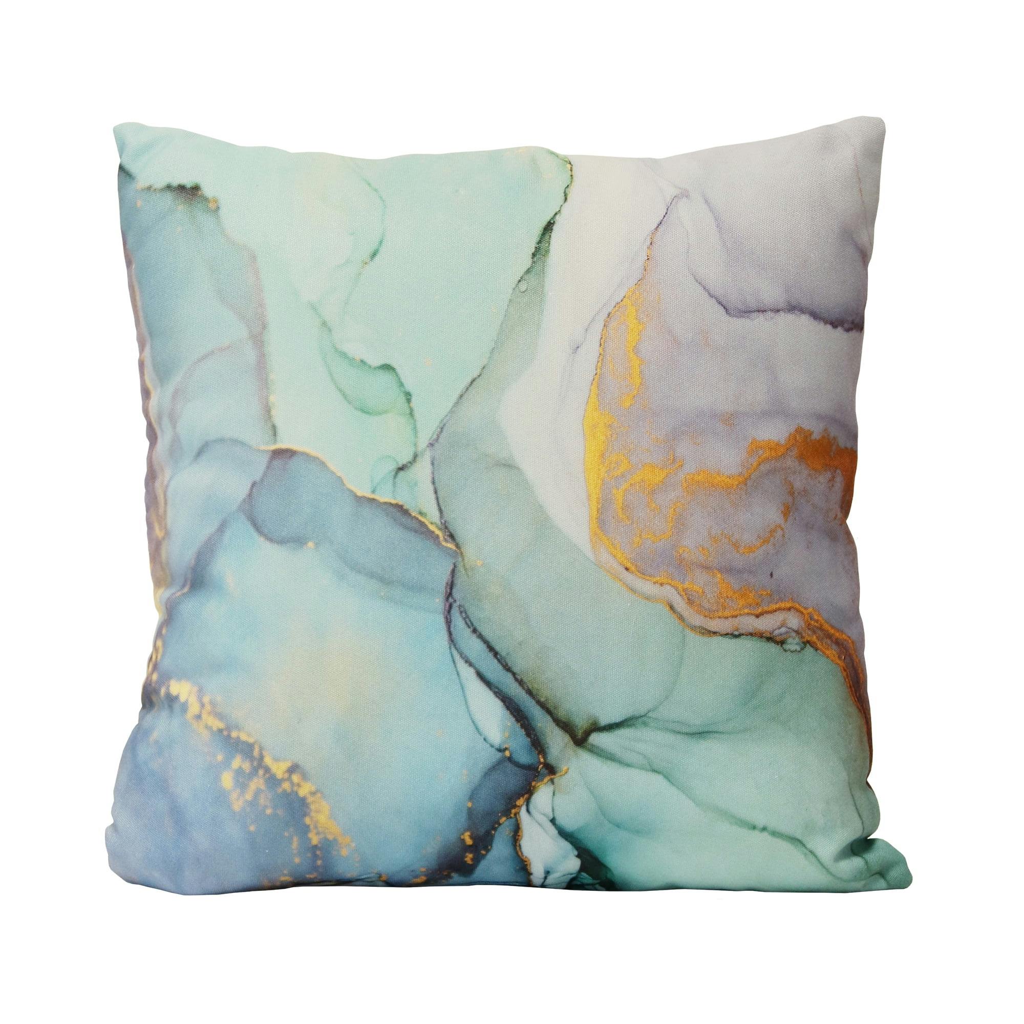 Bohemian Marble Cotton Square Throw Pillow, 18" Blue and Green
