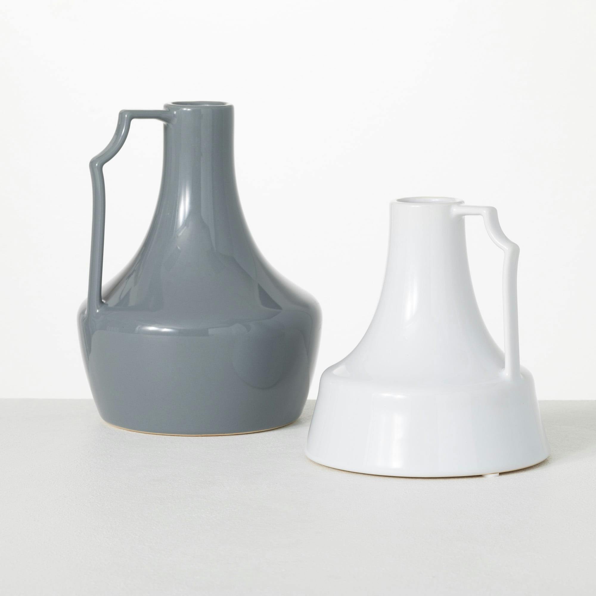 Elegant Slim-Handled Gray Ceramic Jar Duo, 9.5" & 11.5"