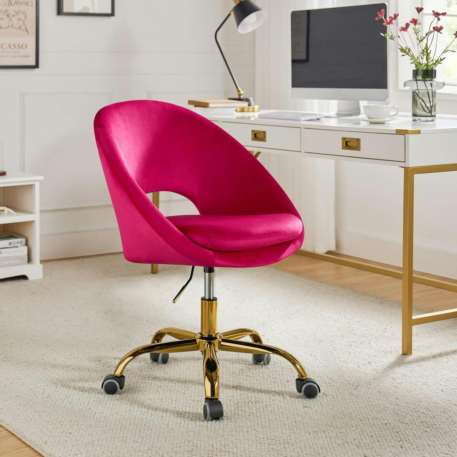 Ergonomic Fuchsia Velvet Swivel Task Chair with Gold Metal Base