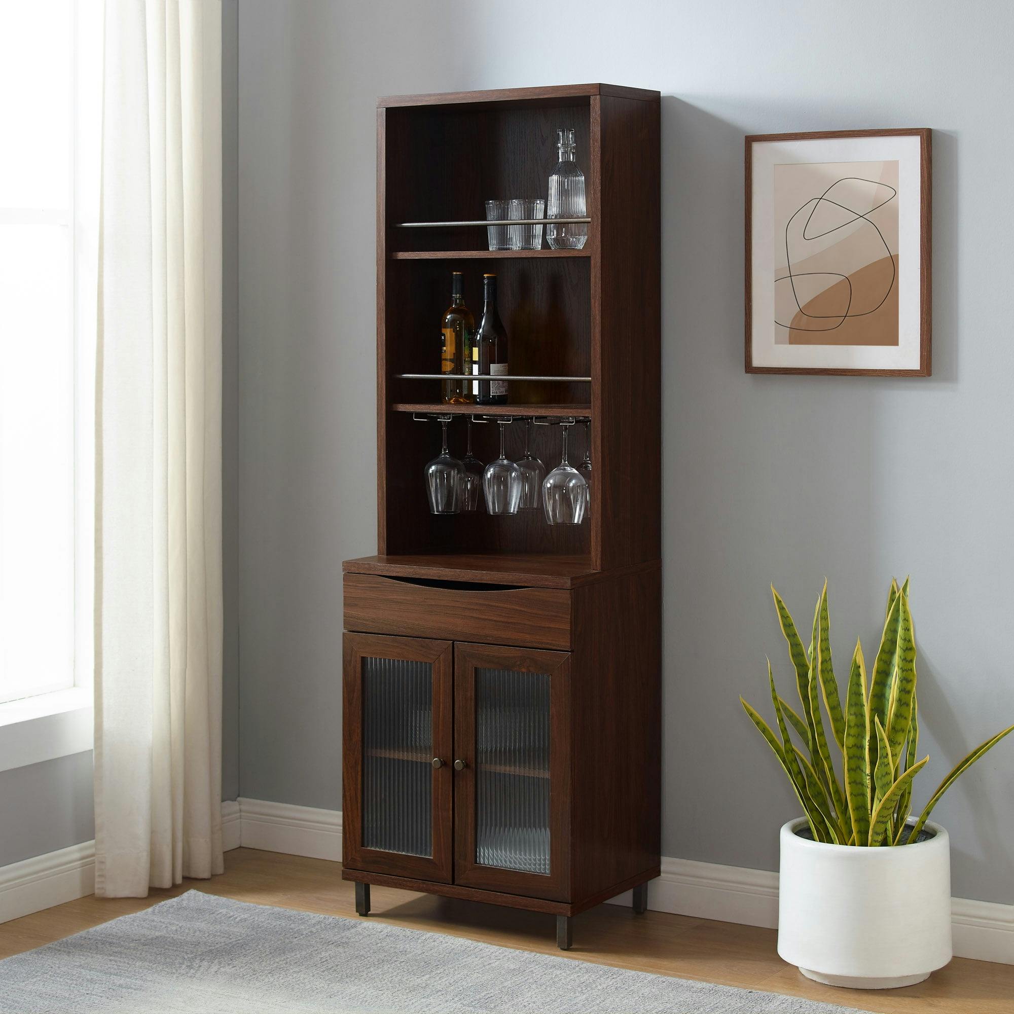 Modern Dark Walnut 72" Wine Storage Hutch with Glass Doors