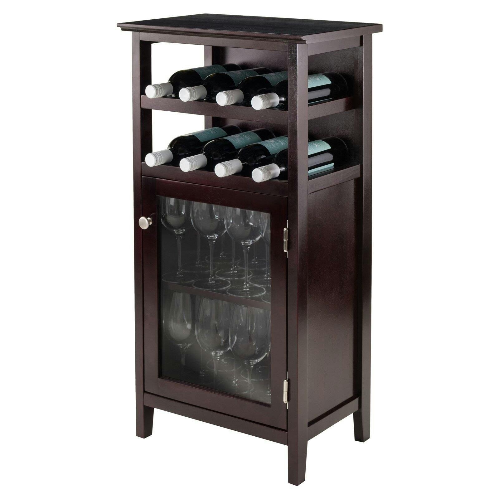 Espresso Transitional 19'' Wine Cabinet with Glass Door & Metal Pulls
