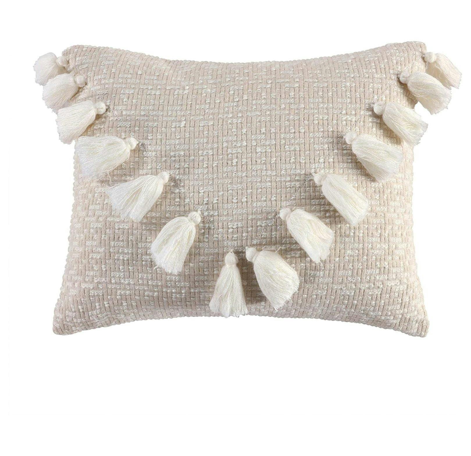 Taupe Cream Embroidered Tassel Decorative Pillow 14x18