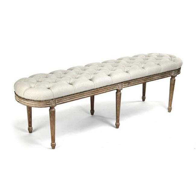 Elegant Michel 62'' Natural Linen Tufted Bench with Bronze Nailheads