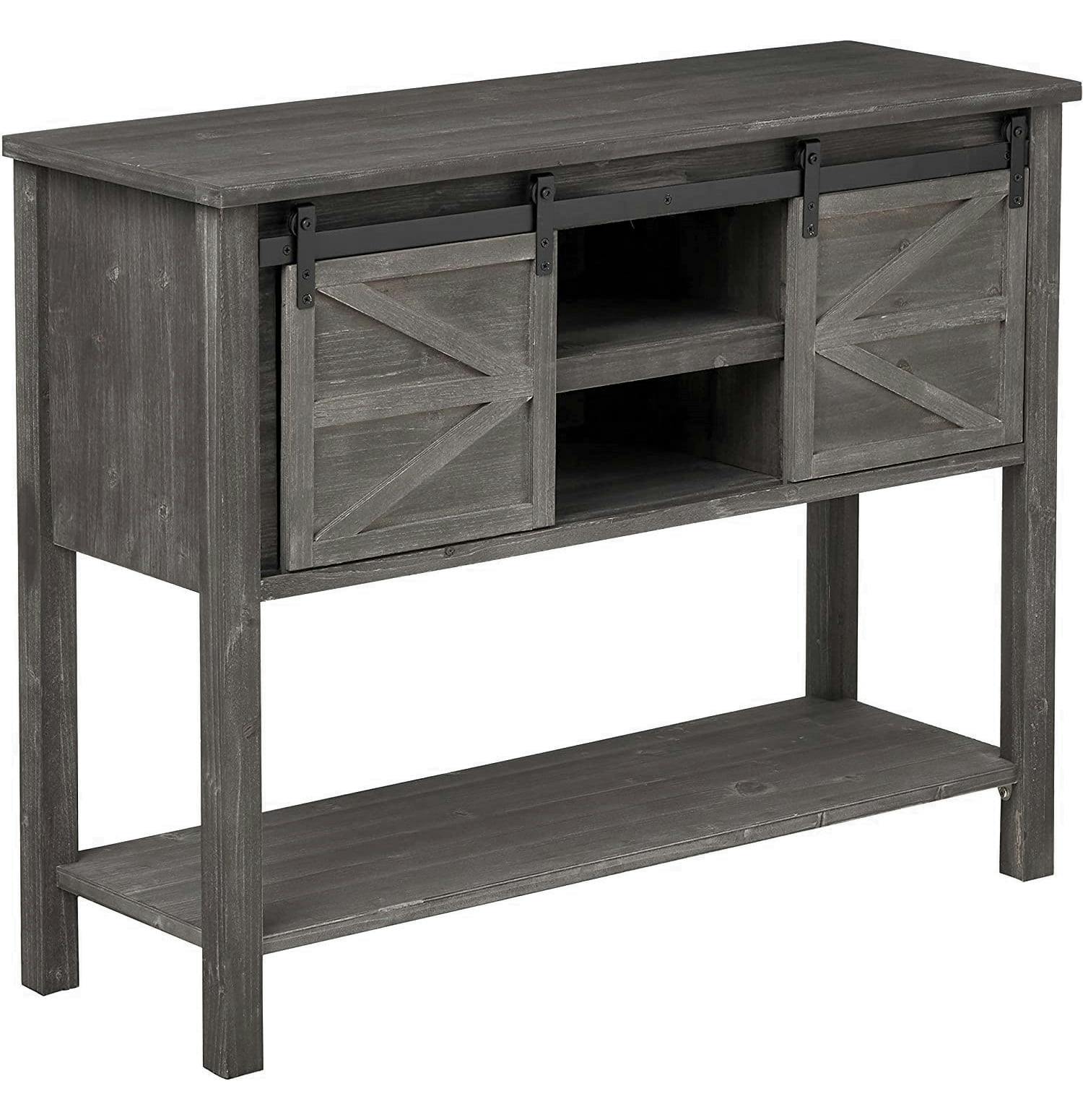 Distressed Grey Farmhouse Console Table with Sliding Barn Doors