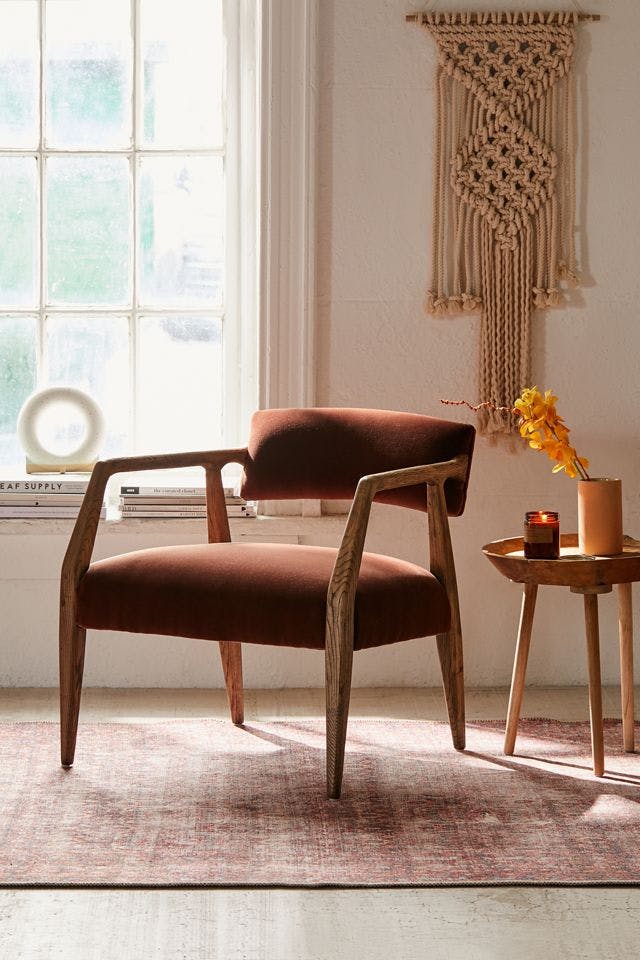 Edith Rustic Oak Wood Frame Velvet Upholstered Arm Chair